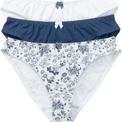 Bielizna damska: Figi (3 pary) bonprix biały z nadrukiem + ciemnoniebieski + biały