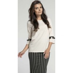 Bluzki damskie: Elegancka Beżowa Bluzka z Rozkloszowanym Rękawem 3/4 z Troczkami