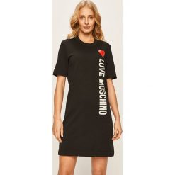 Love Moschino - Sukienka. Czarne sukienki damskie Love Moschino, na co dzień, m, z nadrukiem, z elastanu, casualowe, z okrągłym kołnierzem, z krótkim rękawem, krótkie, mini, proste. Za 729,90 zł.