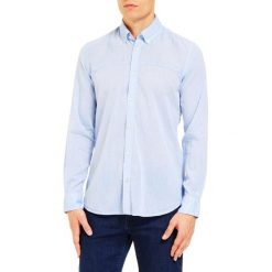 Trussardi Jeans koszula męska 43 niebieska. Niebieskie koszule męskie Trussardi Jeans, m, w paski, z jeansu, bez kołnierzyka, bez rękawów. W wyprzedaży za 329,00 zł.
