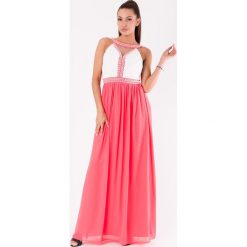 EVA&LOLA SUKIENKA - ARBUZOWY 48031-1. Różowe sukienki damskie EVA&LOLA, s, bez wzorów, bez kołnierzyka, bez rękawów. Za 245,94 zł.