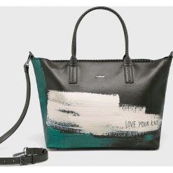 Desigual - Torebka. Zielone torby damskie na zakupy Desigual, w paski, z poliesteru, na ramię, duże, z nadrukiem, bez dodatków. W wyprzedaży za 219,90 zł.