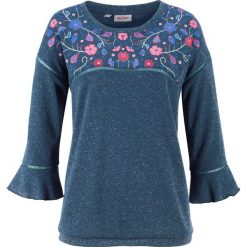 Bluza z nadrukiem i rękawami 3/4 z falbanami bonprix indygo z nadrukiem. Niebieskie bluzy damskie bonprix, z nadrukiem, bez rękawów, bez kaptura. Za 89,99 zł.