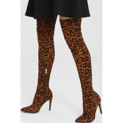 Panterkowe Kozaki Wild Cheetah. Szare buty zimowe damskie other, z materiału, ze szpiczastym noskiem, na wysokim obcasie, na szpilce. Za 219,99 zł.