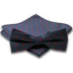 Granatowa Mucha w Czerwone Groszki, Kropki + Poszetka, Męska MUALTS0063. Niebieskie muszki męskie Alties, na imprezę, w paski, eleganckie. Za 40,00 zł.