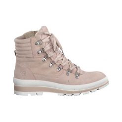 Tamaris Buty różowy female różowy 39. Różowe botki damskie Tamaris, z zamszu, klasyczne, bez obcasa, na sznurówki. Za 399,00 zł.