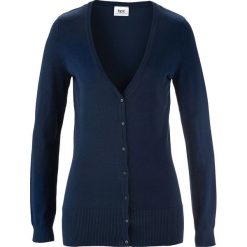 Sweter rozpinany z gładkiej dzianiny bonprix ciemnoniebieski. Niebieskie swetry damskie bonprix, bez wzorów, z dzianiny, casualowe, bez rękawów, bez kaptura. Za 54,99 zł.