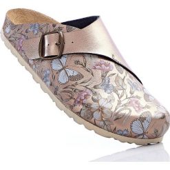 Kapcie ze skóry bonprix złocisto-brunatny w kwiaty. Pomarańczowe kapcie damskie bonprix, ze skóry. Za 129,99 zł.