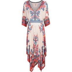 Sukienka z paskiem, w deseń boho bonprix cielisty z nadrukiem. Brązowe sukienki damskie bonprix, z nadrukiem, boho, bez kołnierzyka, bez rękawów. Za 129,99 zł.