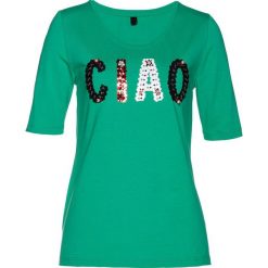 T-shirt z cekinami bonprix szmaragdowy. Zielone koszulki damskie bonprix, bez wzorów, bez kołnierzyka, bez rękawów. Za 49,99 zł.