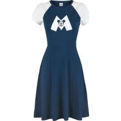 Myszka Miki i Minnie M College Sukienka granatowy/biały. Niebieskie sukienki damskie z falbanami marki Myszka Miki i Minnie, m, z nadrukiem, z okrągłym kołnierzem. Za 164,90 zł.