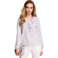 Julita bluzka z żabotem - szara. Szare bluzki damskie Stylove, s, bez wzorów, z elastanu, eleganckie, bez kołnierzyka, z długim rękawem. Za 119,00 zł.