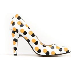 Eleganckie szpilki w kropki - skóra naturalna - model 035 - kolor żółte kropki. Żółte czółenka damskie Zapato, na imprezę, z nadrukiem, ze skóry, eleganckie, na wysokim obcasie, na obcasie, bez zapięcia. W wyprzedaży za 255,20 zł.