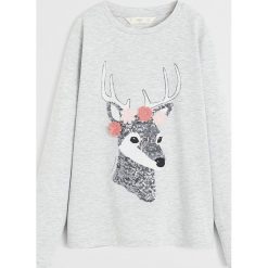 Mango Kids - Longsleeve dziecięcy Fauna 110-164 cm. Szare bluzki dziewczęce Mango Kids, z aplikacjami, z bawełny, z okrągłym kołnierzem, z długim rękawem, długie, bez kaptura. Za 59,90 zł.