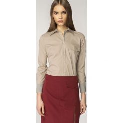 Beżowa Elegancka Koszula z Wstawkami w Kratkę. Brązowe koszule damskie Molly.pl, na co dzień, xl, w kratkę, z bawełny, eleganckie, z kontrastowym kołnierzykiem, z długim rękawem. Za 99,90 zł.