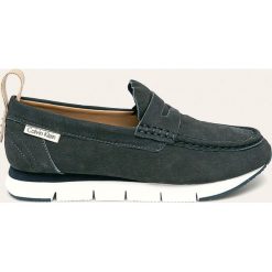 Calvin Klein Jeans - Mokasyny skórzane. Niebieskie mokasyny damskie Calvin Klein Jeans, z jeansu, na obcasie. Za 469,90 zł.