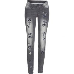 Dżinsy SKINNY z haftem w ptaki bonprix szary denim. Szare jeansy damskie bonprix, z haftami, z jeansu. Za 119,99 zł.