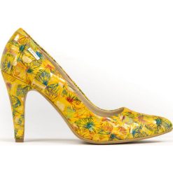 Kwiatowe czółenka na szpilce - skóra naturalna - model 035 - kolor żółte kwiaty. Żółte czółenka damskie Zapato, na imprezę, z nadrukiem, ze skóry, na wysokim obcasie, na obcasie. W wyprzedaży za 287,10 zł.
