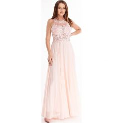 Tiulowa sukienka maxi z haftowaną górą. Sukienki damskie Made in Poland, z haftami, z elastanu, bez kołnierzyka, bez rękawów, maxi. Za 229,00 zł.