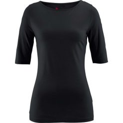 Shirt z dekoltem w łódkę, krótki rękaw bonprix czarny. Czarne koszulki damskie bonprix, bez wzorów, bez kołnierzyka. Za 34,99 zł.