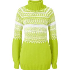 Sweter z golfem i perełkami bonprix zielono-biel wełny wzorzysty. Zielone swetry damskie bonprix, bez wzorów, z wełny, bez rękawów, bez kaptura. Za 34,99 zł.