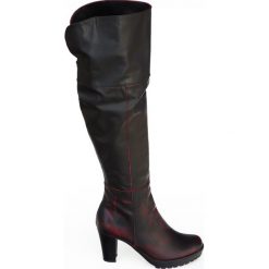 Kozaki za kolano - skóra naturalna - model 185 - kolor czarno-czerwony. Czerwone kozaki damskie Zapato, na randkę, na zimę, z dzianiny, klasyczne, przed kolano, na wysokim obcasie, na obcasie, bez zapięcia. W wyprzedaży za 367,50 zł.
