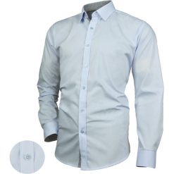 Wizytowa Koszula Męska z Długim Rękawem, Jednokolorowa, Zdobiony Kołnierzyk, SLIM-FIT KSDWDSRE034. Niebieskie koszule męskie Desire, m, z aplikacjami, z bawełny, eleganckie, bez kołnierzyka, z długim rękawem. Za 119,00 zł.