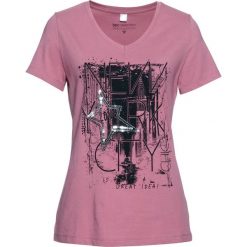 T-shirt bonprix jeżynowy sorbetowy - czarny. Fioletowe t-shirty damskie bonprix, z nadrukiem, bez kołnierzyka. Za 34,99 zł.