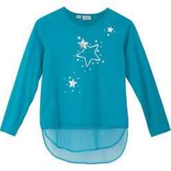 Shirt dziewczęcy z długim rękawem i tiulową wstawką bonprix ciemnoturkusowy. Niebieskie bluzki dziewczęce bonprix, z nadrukiem, z tiulu, bez kołnierzyka, z długim rękawem, długie, bez kaptura. Za 49,99 zł.