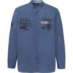 Koszula ze stójką bonprix niebieski dżins z nadrukiem. Niebieskie koszule męskie bonprix, xl, z nadrukiem, z bawełny, ze stójką, bez rękawów. Za 27,99 zł.