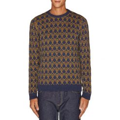 Sweter wełniany w kolorze granatowo-żółtym. Żółte swetry męskie Benetton, xl, z wełny, z okrągłym kołnierzem. W wyprzedaży za 109,95 zł.