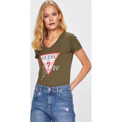 Guess Jeans - Top. Szare bluzki damskie marki Guess Jeans, s, z nadrukiem, z bawełny, casualowe, bez kołnierzyka, z krótkim rękawem. Za 139,90 zł.