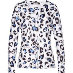 Sweter rozpinany w animalistyczny deseń bonprix biel wełny - niebieski. Białe swetry damskie bonprix, bez wzorów, z wełny, bez rękawów, bez kaptura. Za 79,99 zł.