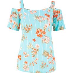 Shirt z dekoltem carmen na szerokich ramiączkach bonprix morski w kwiaty i w paski. Niebieskie koszulki damskie bonprix, w paski, bez kołnierzyka, bez rękawów. Za 27,99 zł.