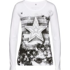 Shirt z długim rękawem bonprix biało-czarny. Białe koszulki damskie bonprix, z nadrukiem, bez kołnierzyka, z długim rękawem. Za 69,99 zł.
