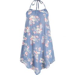 Sukienka plażowa bonprix matowy niebieski w kwiaty. Niebieskie sukienki damskie bonprix, na plażę, w kwiaty, z materiału, z asymetrycznym kołnierzem, bez rękawów, asymetryczne. Za 37,99 zł.