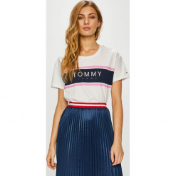 Tommy Jeans - Top. Szare topy damskie Tommy Jeans, l, z nadrukiem, z bawełny, z okrągłym kołnierzem. Za 179,90 zł.