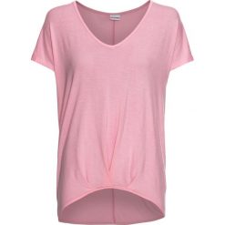 Shirt z dżerseju, dekolt w serek bonprix różowy herbaciany. Różowe koszulki damskie bonprix, bez wzorów, z dżerseju, z dekoltem w serek, bez rękawów. Za 34,99 zł.