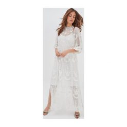 Koronkowa sukienka maxi. Szare sukienki damskie Promod, bez wzorów, z tkaniny, eleganckie, bez kołnierzyka, z krótkim rękawem, krótkie, mini. Za 349,90 zł.
