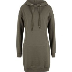 Sukienka dresowa bonprix ciemnooliwkowy. Zielone sukienki damskie bonprix, bez wzorów, z dresówki, bez kołnierzyka, bez rękawów. Za 54,99 zł.