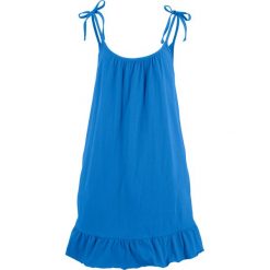 Sukienka shirtowa z falbaną i wiązanymi ramiączkami bonprix lazurowy. Niebieskie sukienki damskie bonprix, bez wzorów, bez kołnierzyka, bez rękawów. Za 69,99 zł.