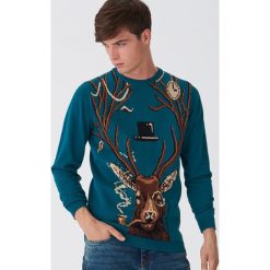 Sweter z jeleniem - Turkusowy. Niebieskie swetry męskie House, s, bez wzorów, bez kołnierzyka, bez kaptura. Za 99,99 zł.