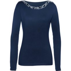 Sweter Premium z aplikacją z perełek bonprix ciemnoniebieski. Niebieskie swetry damskie bonprix, z aplikacjami, eleganckie, bez rękawów, bez kaptura. Za 129,99 zł.
