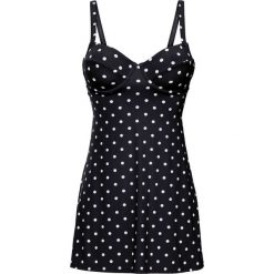 Długi top tankini na fiszbinach, szybko schnący bonprix czarno-biały w kropki. Czarne stroje kąpielowe damskie bonprix, bez wzorów. Za 59,99 zł.