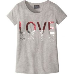 T-shirt z cekinami bonprix jasnoszary melanż. Szare bluzki dziewczęce bonprix, z napisami, z okrągłym kołnierzem, z krótkim rękawem, krótkie, bez kaptura. Za 21,99 zł.