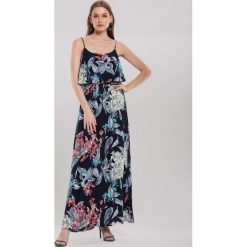 Granatowa Sukienka Flabby. Niebieskie sukienki damskie Renee, s, w kwiaty, eleganckie, bez kołnierzyka, z długim rękawem, długie, maxi. Za 69,99 zł.
