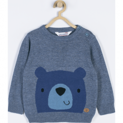 Sweter. Niebieskie swetry chłopięce marki GRIZZLY BEAR, z aplikacjami, z bawełny, z klasycznym kołnierzykiem. Za 34,90 zł.