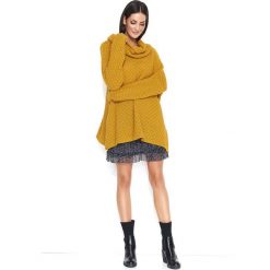 Musztardowy Oversizowy Sweter z Wywijanym Golfem. Brązowe swetry damskie Molly.pl, s, bez wzorów, z jeansu, bez rękawów. Za 118,90 zł.