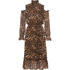 Sukienka w cętki leoparda bonprix brązowo-beżowy leo. Pomarańczowe sukienki damskie bonprix, z nadrukiem, z szyfonu, bez kołnierzyka, bez rękawów. Za 109,99 zł.