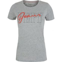 T- shirt Pepe Jeans. Szare koszulki damskie z nadrukiem, z jeansu, bez kołnierzyka. Za 49,00 zł.